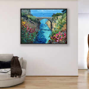 Furore Fjord oil painting on canvas with rich impasto texture hanging in a modern living room with a beige sofa