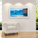 San Terenzo oil painting on canvas with rich impasto texture hanging in a modern living room with a white sofa, showing full room decor.