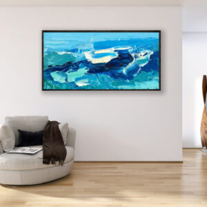 Abstract Ocean Painting oil painting on canvas with rich impasto texture hanging in a modern living room with a beige sofa, viewed from a medium distance.