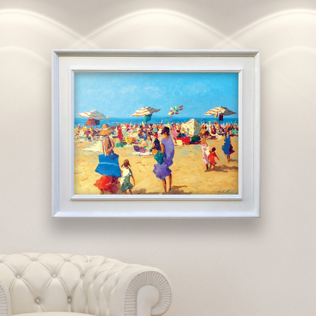 Vibrant Summer Beach Scene painting, original oil painting on canvas, hanging on a modern wall