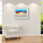 Abstract Beach oil painting on canvas with rich impasto texture hanging in a modern living room with a white sofa, showing full room decor.