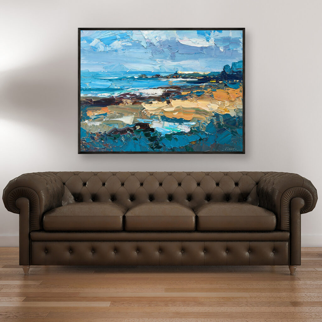 Textured Abstract Beach painting, original oil painting on canvas hanging in a modern living room with a brown sofa and home decor