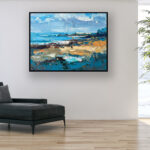Beach painting, original oil painting on canvas hanging in a modern living room with a black sofa and home decor