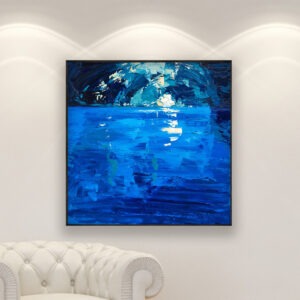 Blue Grotto painting, original oil painting on canvas hanging in a modern living room with a white sofa and home decor