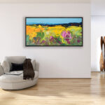 Abstract Landscape oil painting on canvas hanging in a modern living room with a beige sofa and home decor