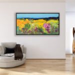 Abstract Landscape oil painting on canvas hanging in a modern living room with a beige sofa and home decor