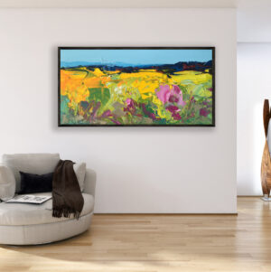 Abstract Landscape oil painting on canvas hanging in a modern living room with a beige sofa and home decor