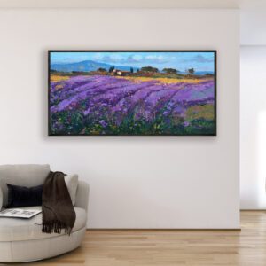 Landscape Lavender Field oil painting on canvas with rich impasto texture hanging in a modern living room with a beige sofa