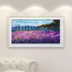 Lavender Field in Tuscany oil painting on canvas with rich impasto texture hanging in a modern living room with a white sofa, viewed from a medium distance.