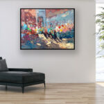 Palio Siena oil painting on canvas hanging in a modern living room with a black sofa and home decor