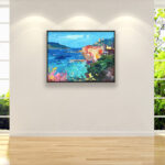 Portovenere oil painting on canvas with rich impasto texture hanging in a modern living room showing full room decor.
