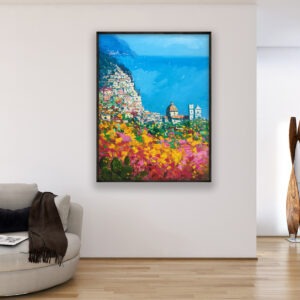 Positano oil painting on canvas with rich impasto texture hanging in a modern living room with a beige sofa
