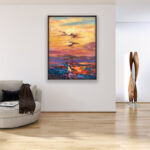 Sunset painting, original oil painting on canvas hanging in a modern living room with a beige sofa and home decor