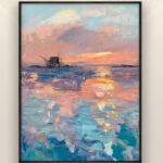 Sunset painting, original oil painting on canvas, hanging on a modern wall