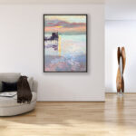 Sunset painting, original oil painting on canvas hanging in a modern living room with a beige sofa and home decor