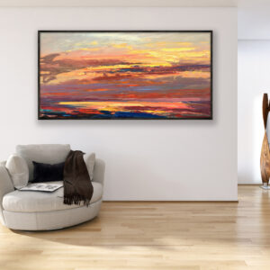 Sunset painting, original oil painting on canvas hanging in a modern living room with a beige sofa