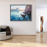 Venice painting on canvas with rich impasto texture hanging in a stylish living room, showing full room decor.