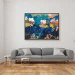 Water Lilies painting, original oil painting on canvas hanging in a modern living room with a gray sofa
