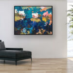 Water Lilies painting, original oil painting on canvas hanging in a modern living room with a black sofa