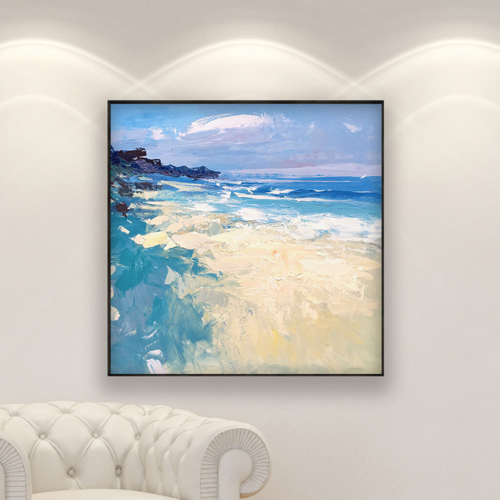 oil painting on canvas with rich impasto texture hanging in a modern living room with a white sofa