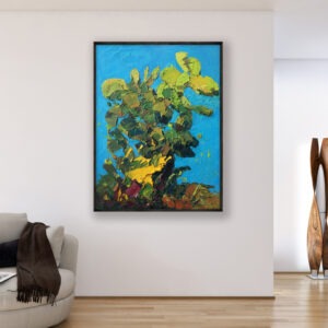 Cactus oil painting on canvas with rich impasto texture hanging in a modern living room with a beige sofa