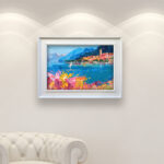 Bellagio Lake Como Oil Painting on Canvas, Modern Textured Italy Wall Art, Original Wall Decor for Living Room and Handmade Gift for Her displayed in a living room with a white sofa and elegant home decor