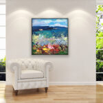 Landscape painting, original oil painting on canvas hanging in a modern living room with a white sofa and home decor
