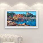 Lerici oil painting on canvas with rich impasto texture hanging in a modern living room with a white sofa, viewed from a medium distance.