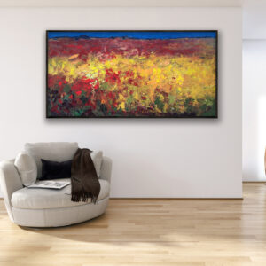 Abstract Landscape painting, original oil painting on canvas hanging in a modern living room with a beige sofa