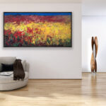 Abstract Landscape painting, original oil painting on canvas hanging in a modern living room with a beige sofa