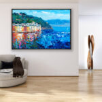 Portofino painting, original oil painting on canvas hanging in a modern living room with a beige sofa