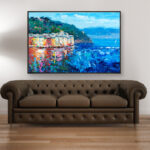Portofino painting, original oil painting on canvas hanging in a modern living room with a brown sofa