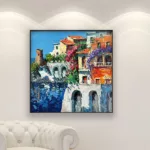 Amalfi painting, original oil painting on canvas hanging in a modern living room with a white sofa and home decor