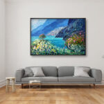 Positano painting, original oil painting on canvas hanging in a modern living room with a gray sofa