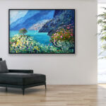 Positano painting, original oil painting on canvas hanging in a modern living room with a black sofa