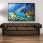 Positano painting, original oil painting on canvas hanging in a modern living room with a brown sofa