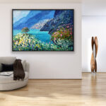 Positano painting, original oil painting on canvas hanging in a modern living room with a beige sofa