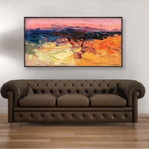 Abstract painting, original oil painting on canvas hanging in a modern living room with a brown sofa