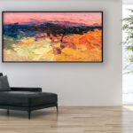 Abstract painting, original oil painting on canvas hanging in a modern living room with a black sofa