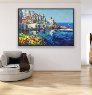 Amalfi painting, original oil painting on canvas hanging in a modern living room with a beige sofa