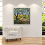 Tuscan Olive Trees oil painting on canvas with rich impasto texture hanging in a modern living room with a white sofa, showing full room decor.