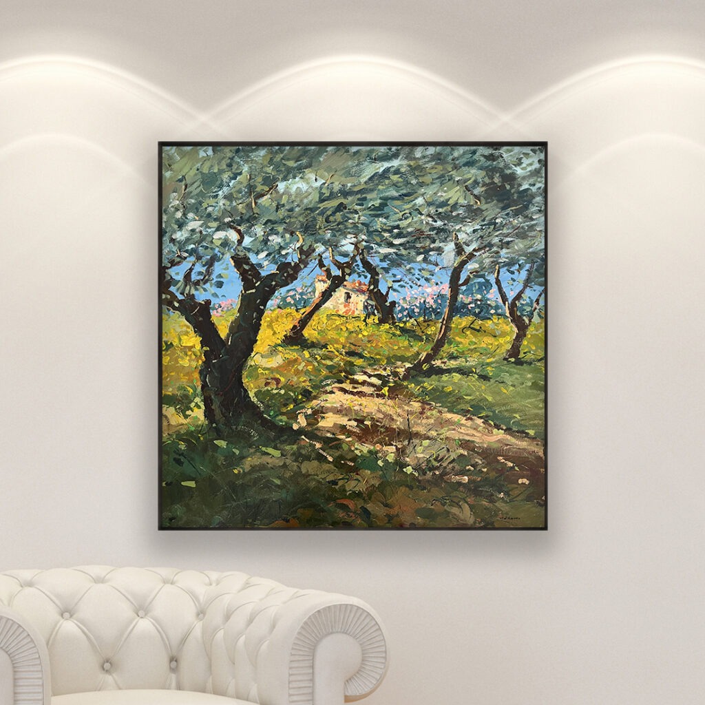 Olive Trees oil painting on canvas hanging in a modern living room with a white sofa