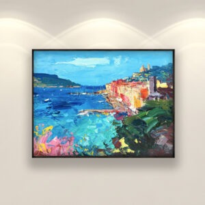 Portovenere oil painting on canvas with rich impasto texture hanging on a modern wall
