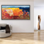 Abstract painting, original oil painting on canvas hanging in a modern living room with a beige sofa