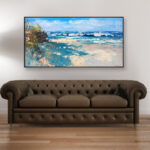 Beach painting, original oil painting on canvas hanging in a modern living room with a brown sofa