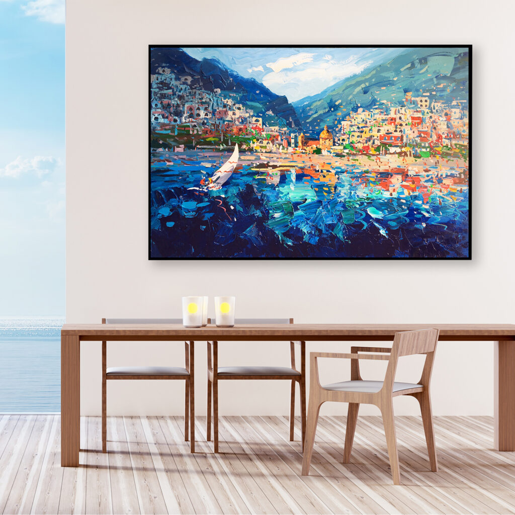 Positano painting, original oil painting on canvas hanging in a modern living room with a table and ocean view