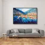 Positano painting, original oil painting on canvas hanging in a modern living room with a gray sofa