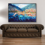 Positano painting, original oil painting on canvas hanging in a modern living room with a brown sofa