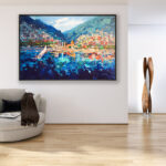 Positano Painting, original oil painting on canvas hanging in a modern living room with a beige sofa