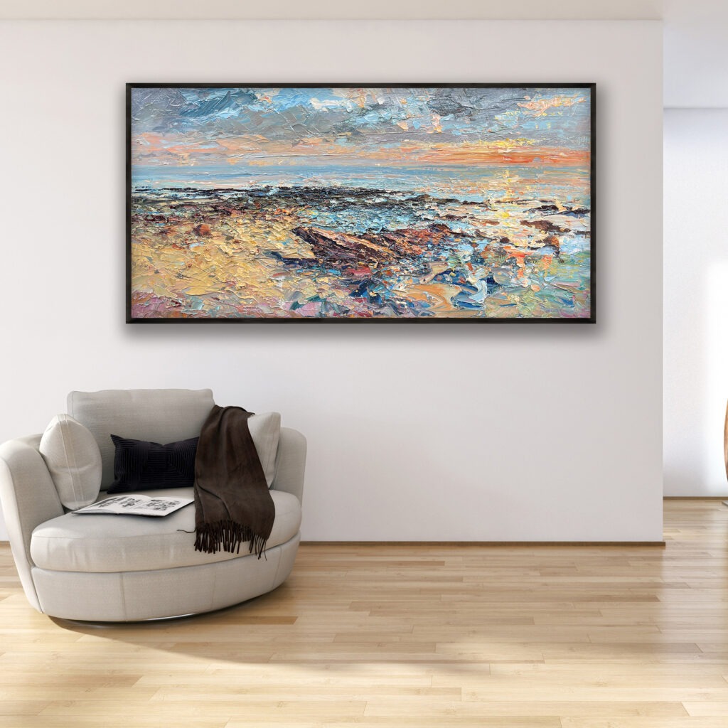 Beach painting at sunset, original oil painting on canvas, home decor, hanging in a modern living room with a beige sofa